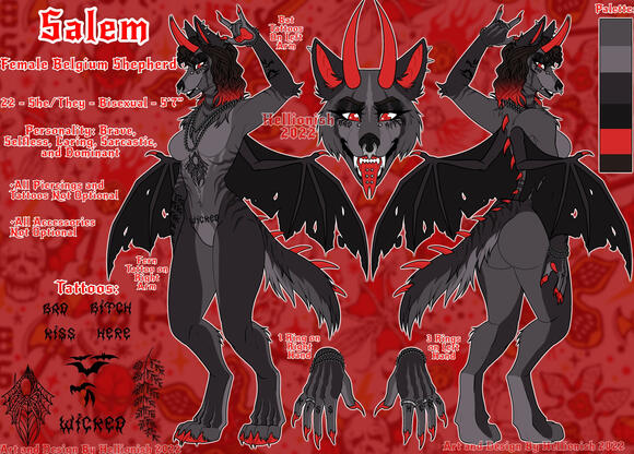 Front View, Back View, Symmetrical Headshot, Symmetrical Hands View, Tattoos View, Color Palette, Info