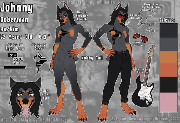 (Custom Character Design) Front View, Outfit View, Symmetrical Headshot, 3 Props, Tattoos View, Color Palette, Info