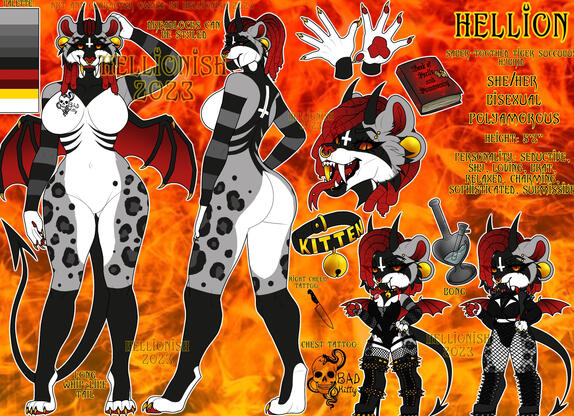 Front View, Back View, 2 Chibi Outfit Views, Headshot, 3 Props, Hands View, Tattoos View, Color Palette, Info